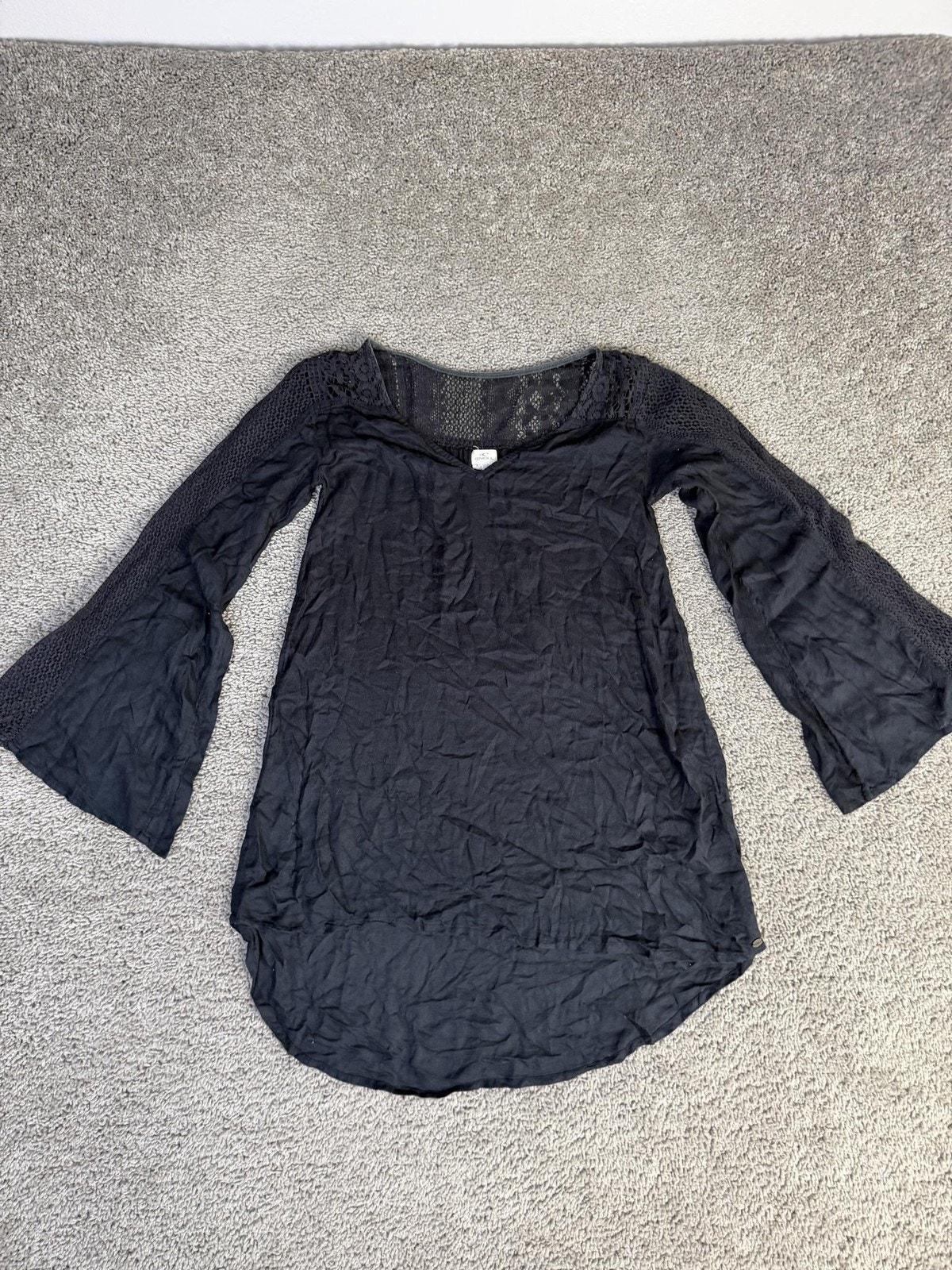 O'neill Tunic Womens Xs Black Crochet Scoop Neck Bell Sleeve Lightweight